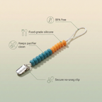 Bubzies pacifier clip features: food-grade silicone beads, secure stainless clip, keeps soother off the floor, BPA-free
