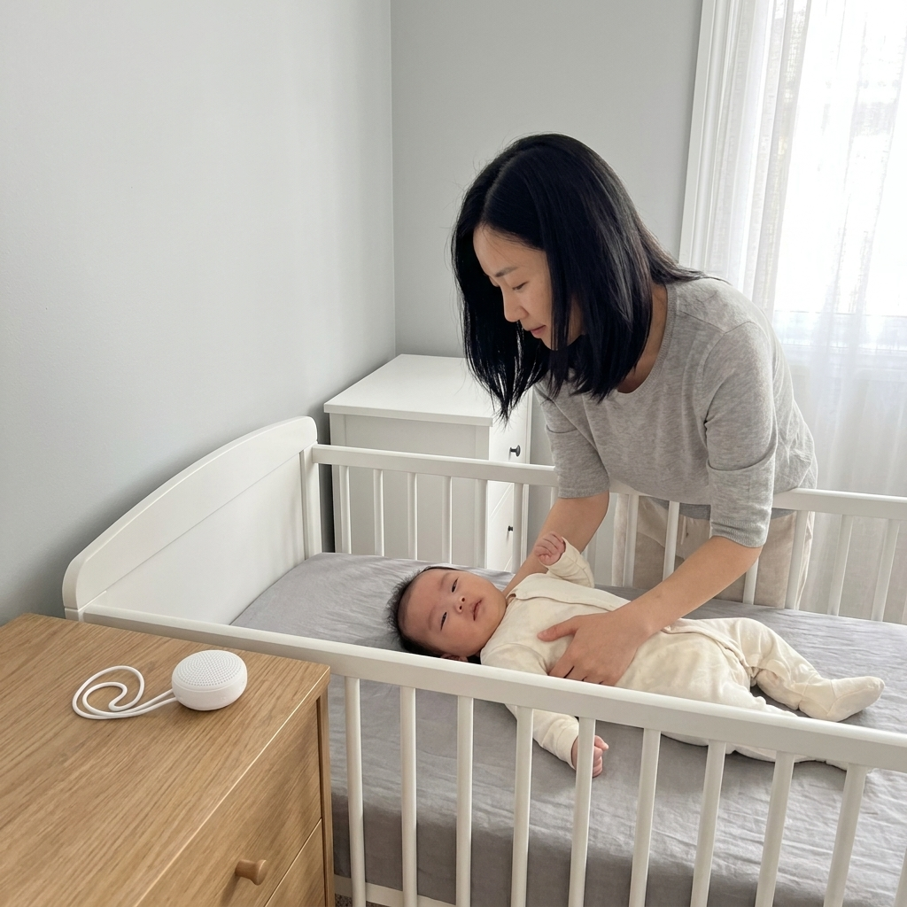 Sleeping baby in a nursery with the Bubzies white noise machine on the dresser