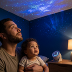 Baby's bedroom lit by the Bubzies star projector at night