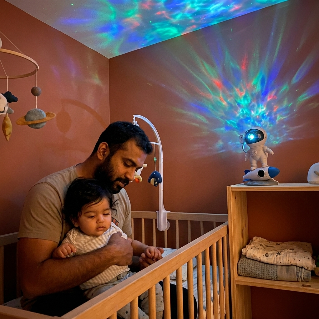 Toddler's space-themed bedroom glowing with the Bubzies astronaut projector