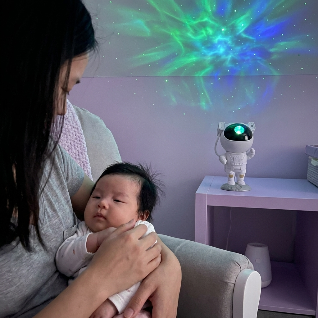Nursery bathed in galaxy light from the Bubzies projector
