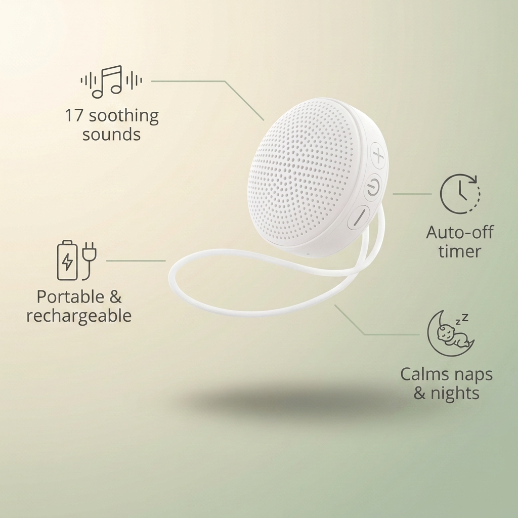 Bubzies sound machine features: 17 soothing sounds, up to 29.5h battery, sleep timer, pocket-size
