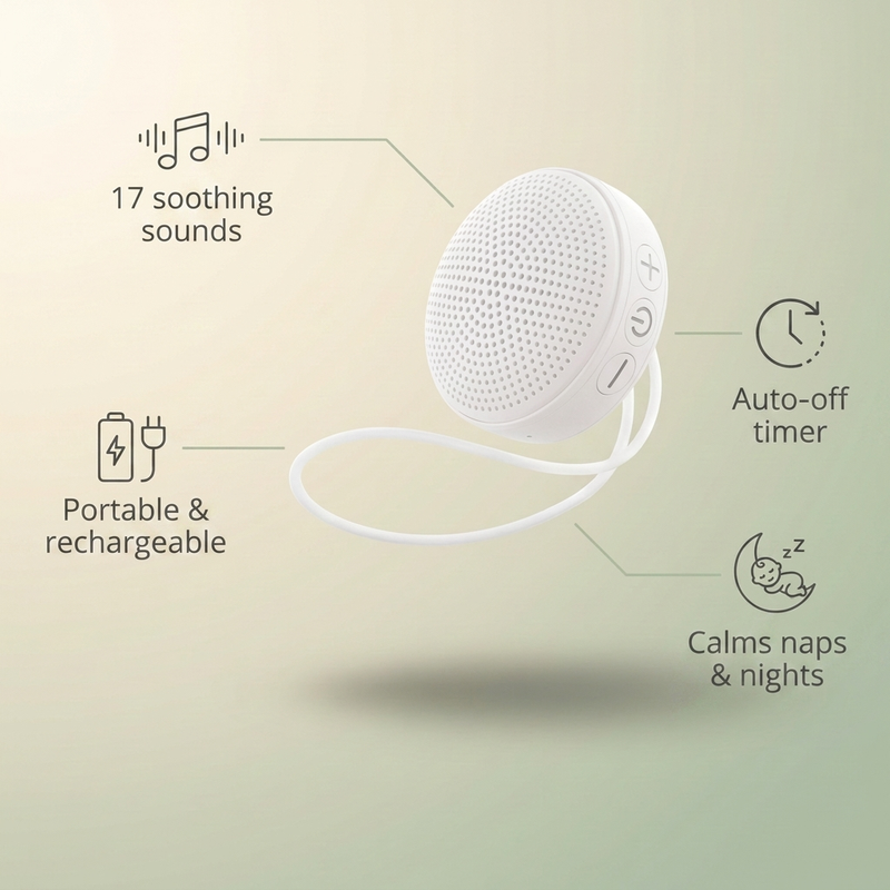 Bubzies sound machine features: 17 soothing sounds, up to 29.5h battery, sleep timer, pocket-size