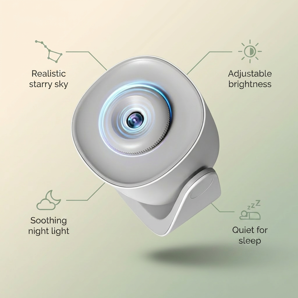 Bubzies star projector features: 360 rotating starscape, ultra-quiet motor, up to 8h battery, USB rechargeable