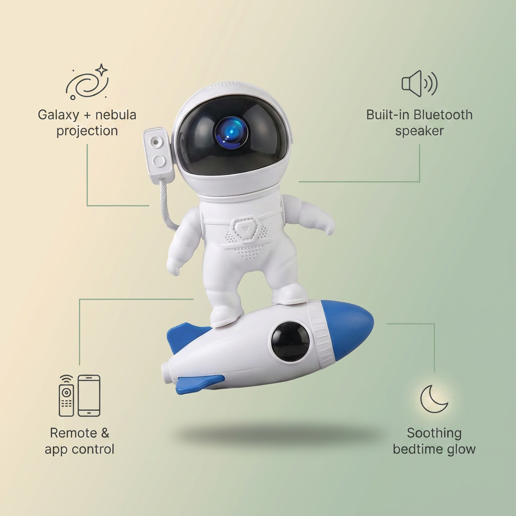 Bubzies astronaut projector features: nebula light show, Bluetooth speaker, app and remote control, night light