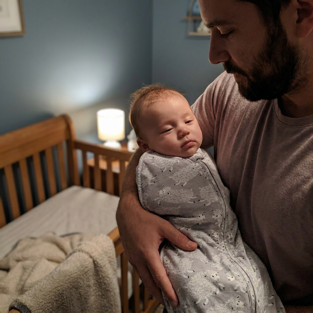 Newborn swaddled in the Bubzies sleep sack in a blue-grey nursery