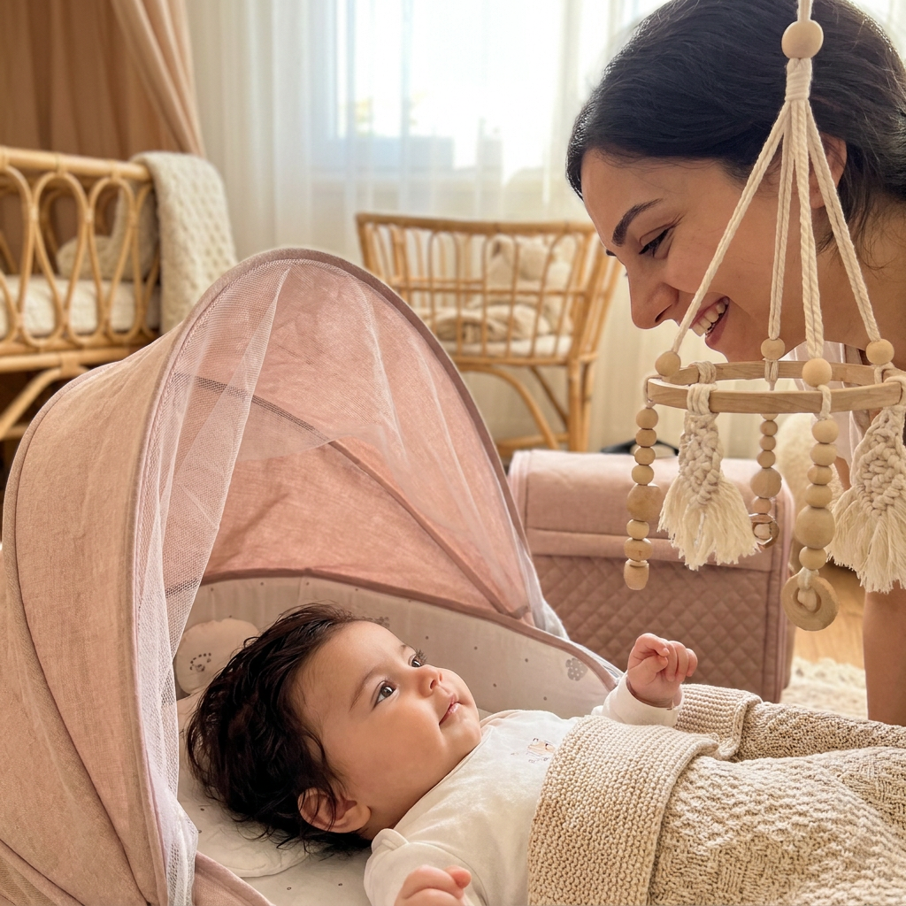 Baby gazing up at the Bubzies crib mobile in a honey-oat boho nursery