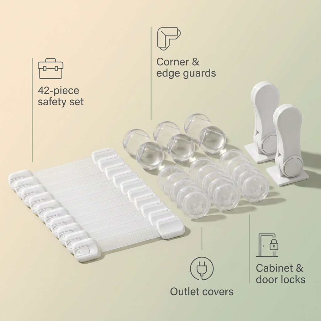 Bubzies baby-proofing kit features: 42 pieces, cabinet locks, corner guards, outlet covers, no tools needed