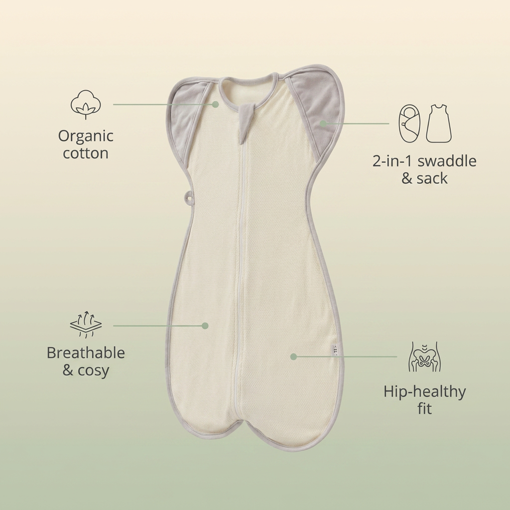 Bubzies sleep bag features: organic cotton, breathable mesh, calms startle reflex, all-season layers