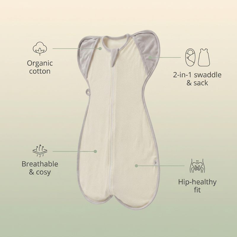 Bubzies sleep bag features: organic cotton, breathable mesh, calms startle reflex, all-season layers