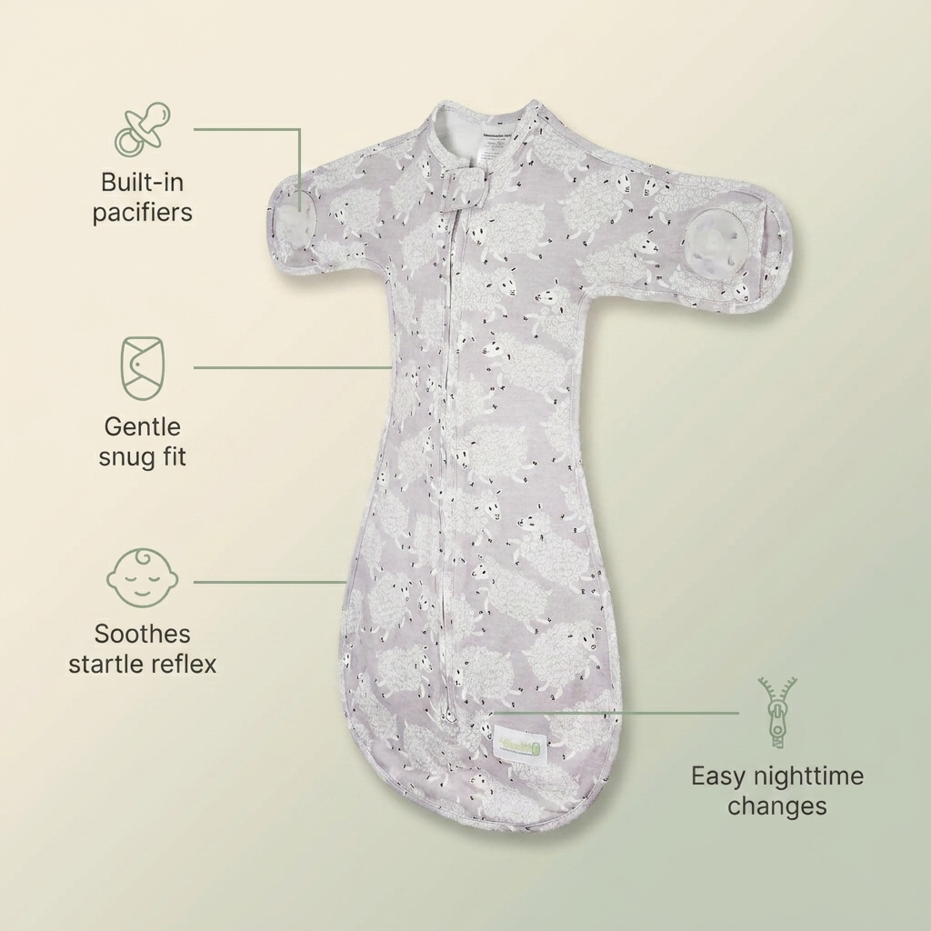 Bubzies sleep sack features: snug swaddle fit, soft breathable cotton blend, calms startle reflex, easy on-off