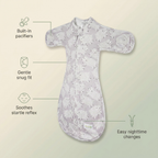 Bubzies sleep sack features: snug swaddle fit, soft breathable cotton blend, calms startle reflex, easy on-off