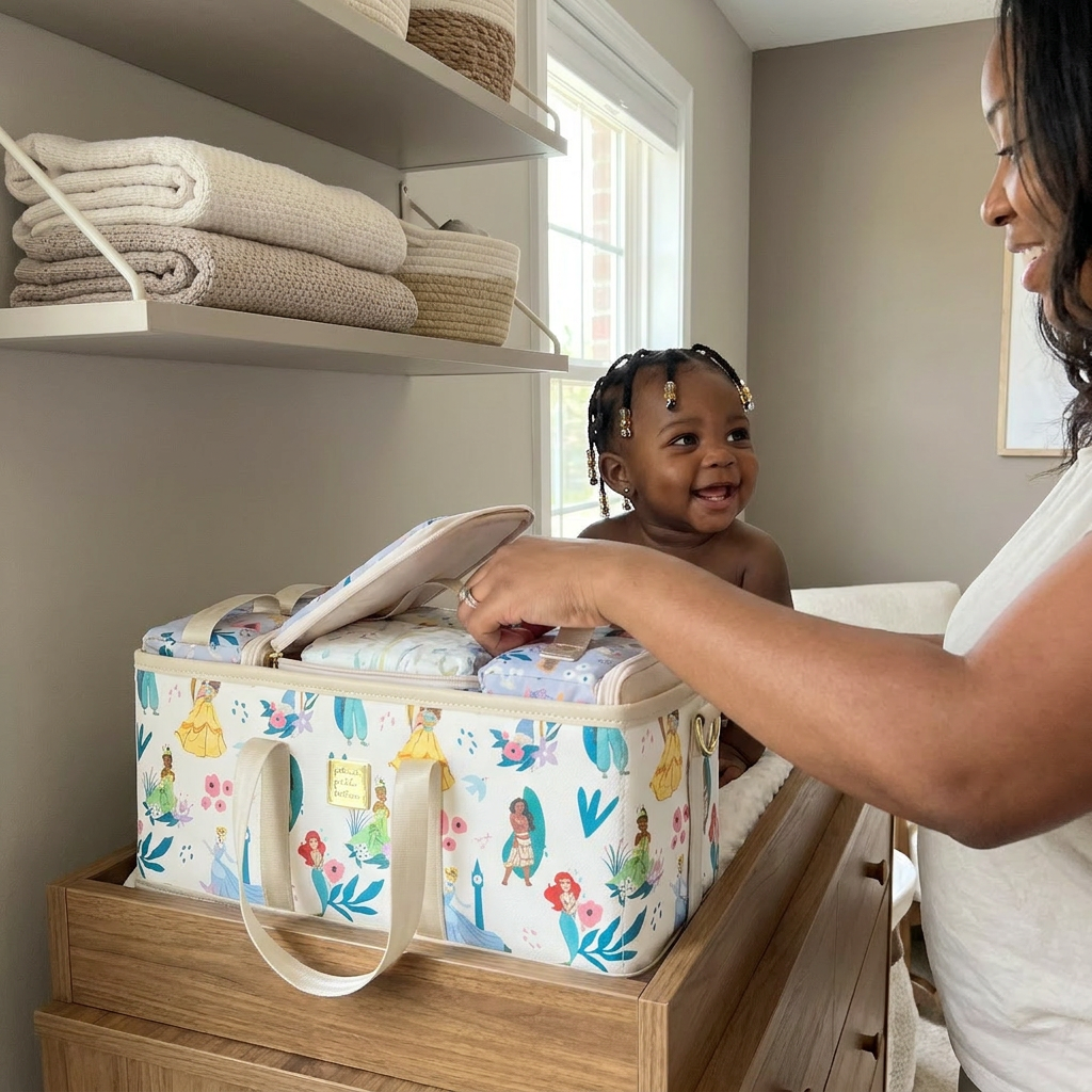 Mother reaching into the Bubzies diaper caddy at the changing table