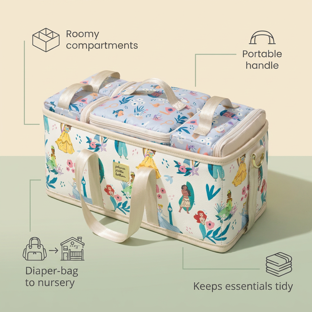 Bubzies diaper caddy features: roomy compartments, portable handle, diaper-bag to nursery, keeps essentials tidy