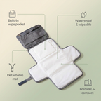 Bubzies changing pad features: waterproof wipe-clean surface, foldable and compact, built-in wipe pocket, detachable mat