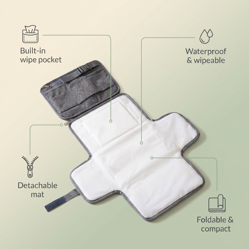 Bubzies changing pad features: waterproof wipe-clean surface, foldable and compact, built-in wipe pocket, detachable mat