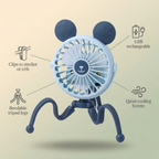 Bubzies stroller fan features: bendable tripod legs, clips to stroller or crib, USB rechargeable, quiet cooling breeze