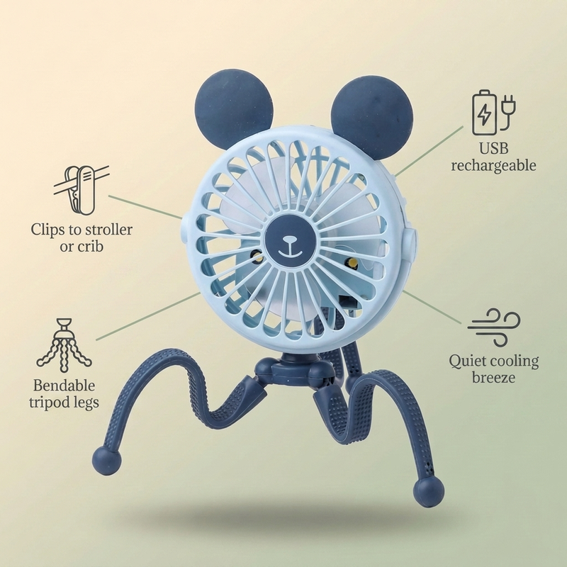 Bubzies stroller fan features: bendable tripod legs, clips to stroller or crib, USB rechargeable, quiet cooling breeze