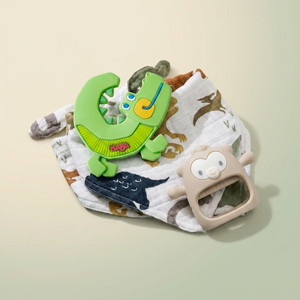 Bubzies Teething Survival Bundle - crocodile teether, bandana drool bibs and teething mitten