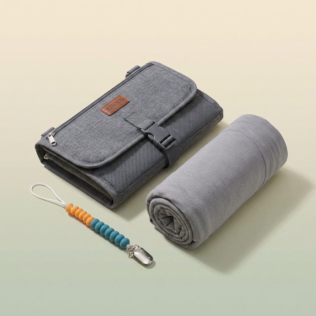 Bubzies On-the-Go New-Parent Bundle - wrap carrier, portable changing pad and pacifier clip