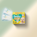 Pampers Swaddlers Diapers Size 2 pack on a soft sage and cream background — hypoallergenic baby diapers