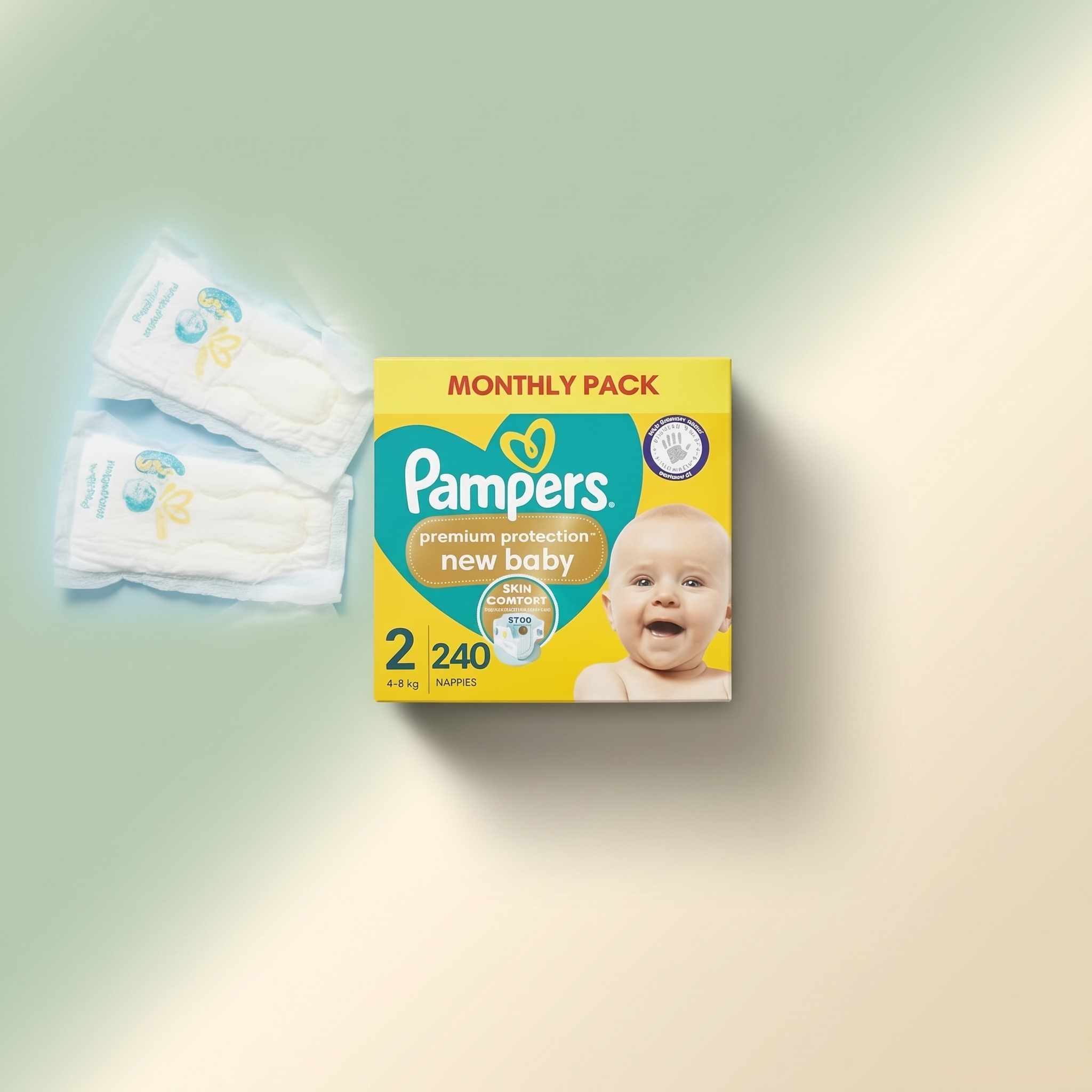 Pampers Swaddlers Diapers Size 2 pack on a soft sage and cream background — hypoallergenic baby diapers