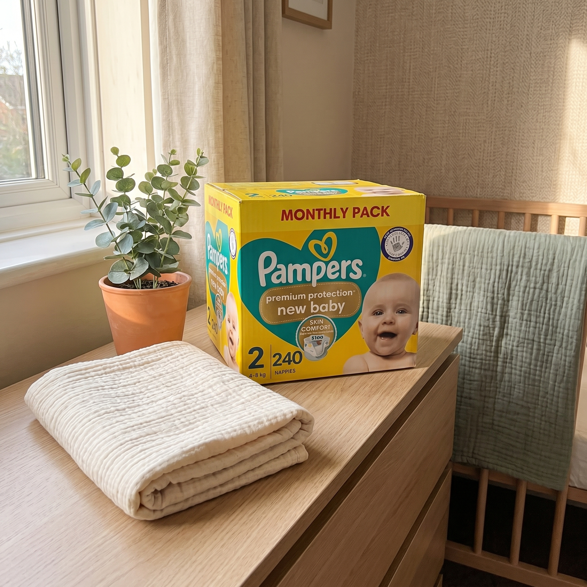 Pampers Swaddlers diapers styled in a cozy nursery — soft, leak-proof baby diapers