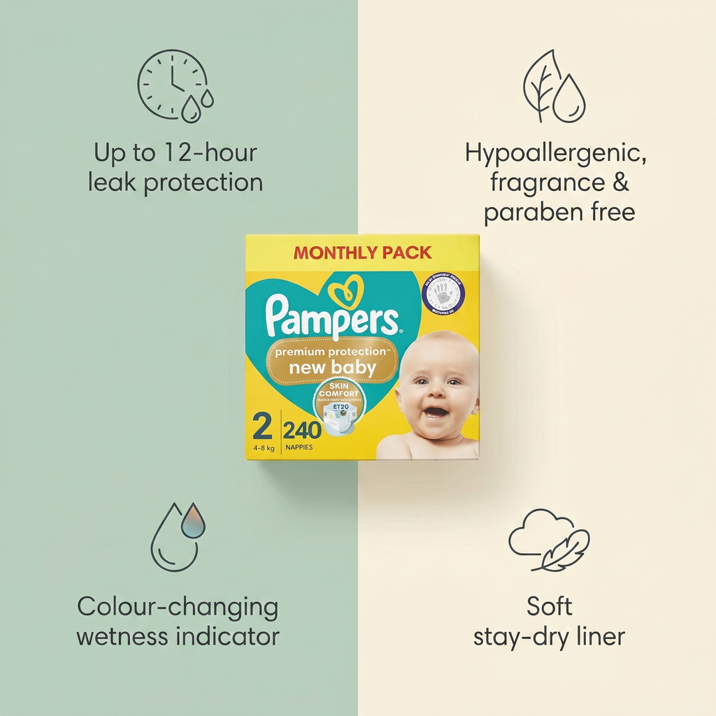 Pampers Swaddlers Size 2 features: up to 12-hour leak protection, hypoallergenic, wetness indicator, stay-dry liner