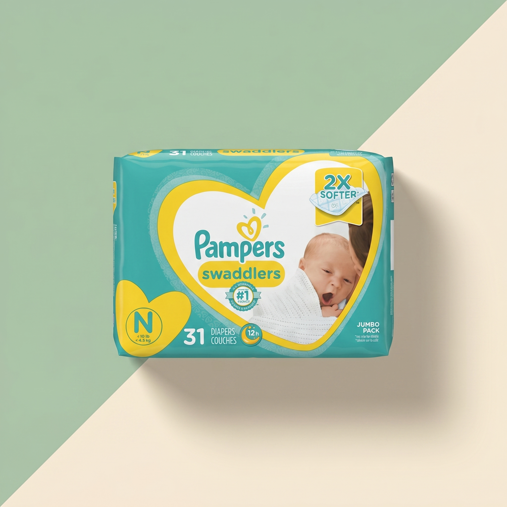Pampers Swaddlers Newborn Size 1 diapers pack on sage and cream background — Bubzies