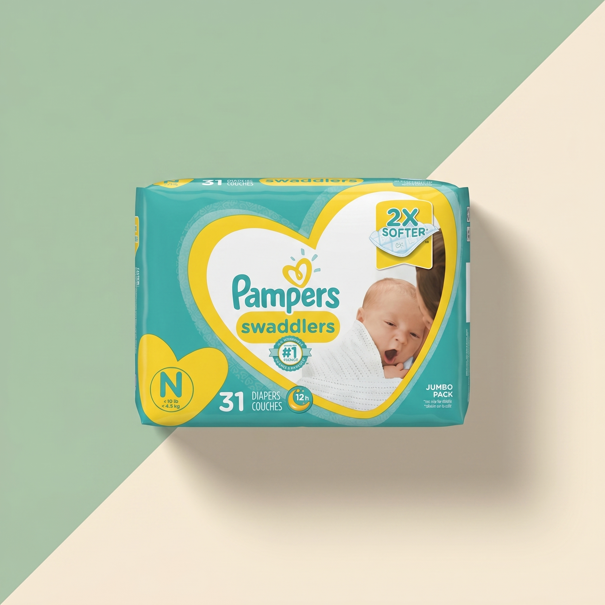 Pampers Swaddlers Newborn Size 1 diapers pack on sage and cream background — Bubzies