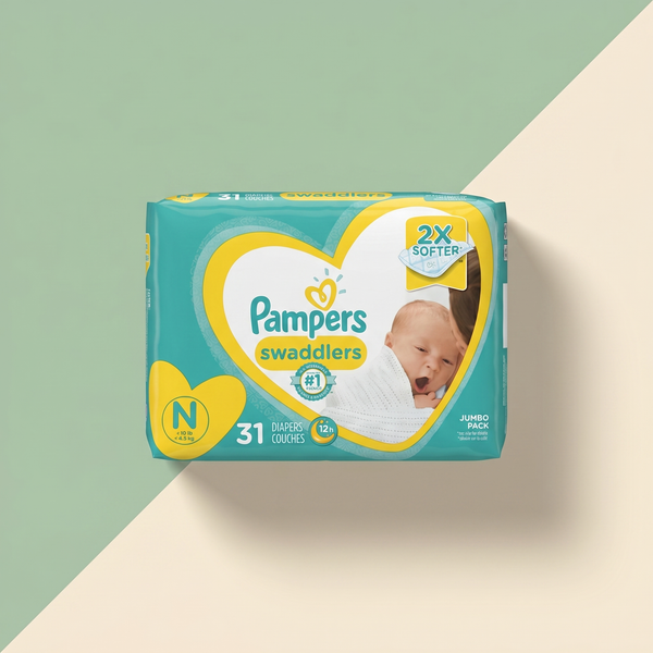 Pampers Swaddlers Newborn Size 1 diapers pack on sage and cream background — Bubzies