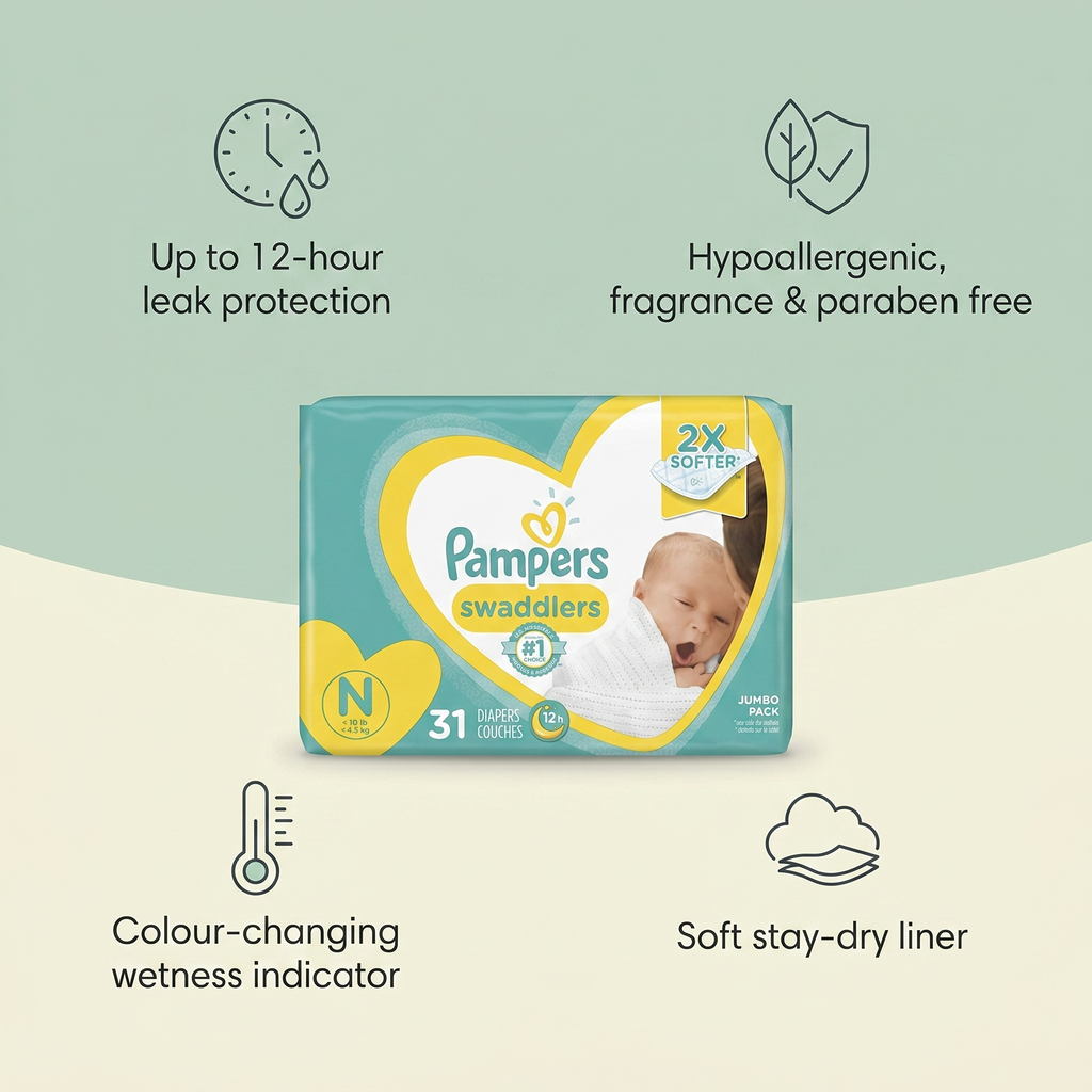 Pampers Swaddlers Newborn Size 1 features: up to 12-hour leak protection, hypoallergenic, wetness indicator, soft stay-dry liner — Bubzies