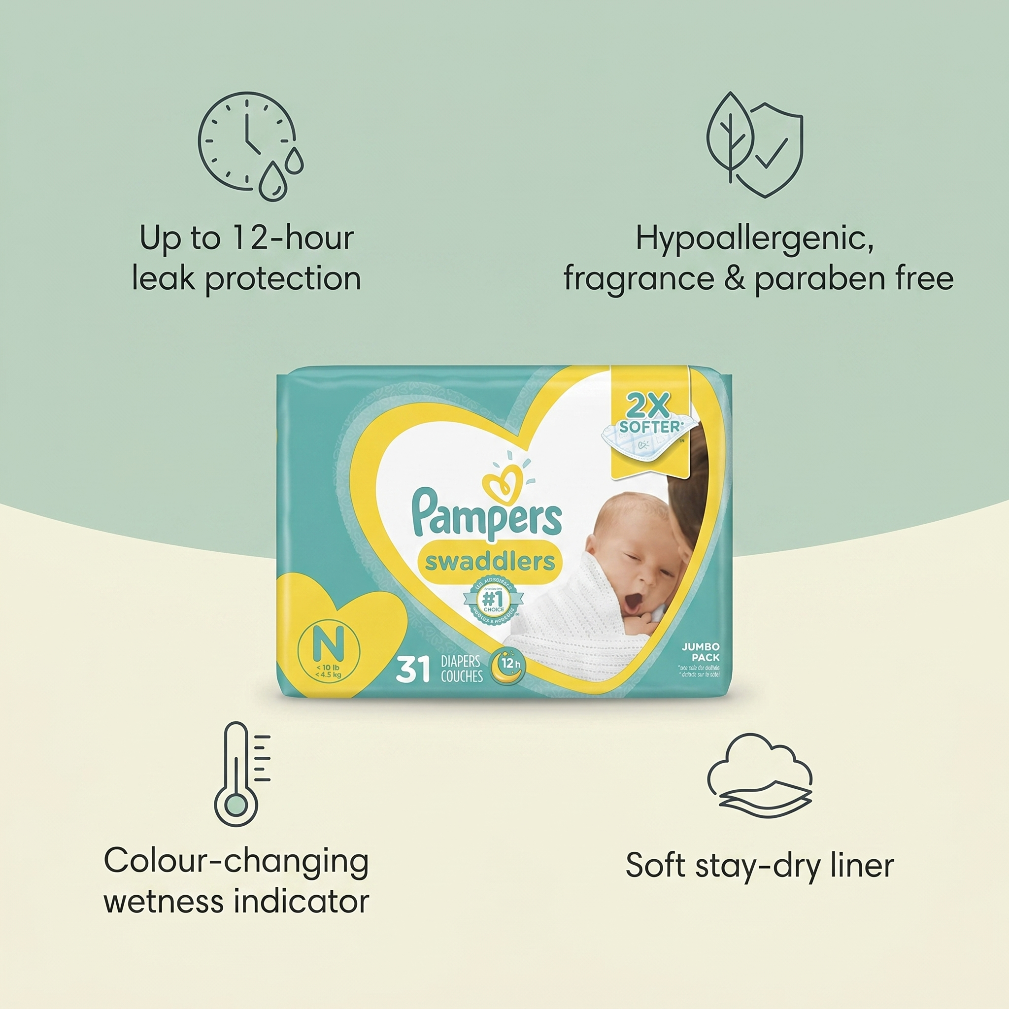 Pampers Swaddlers Newborn Size 1 features: up to 12-hour leak protection, hypoallergenic, wetness indicator, soft stay-dry liner — Bubzies