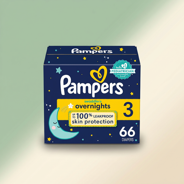 Pampers Swaddlers Overnights Size 3 diapers pack on sage and cream background — Bubzies