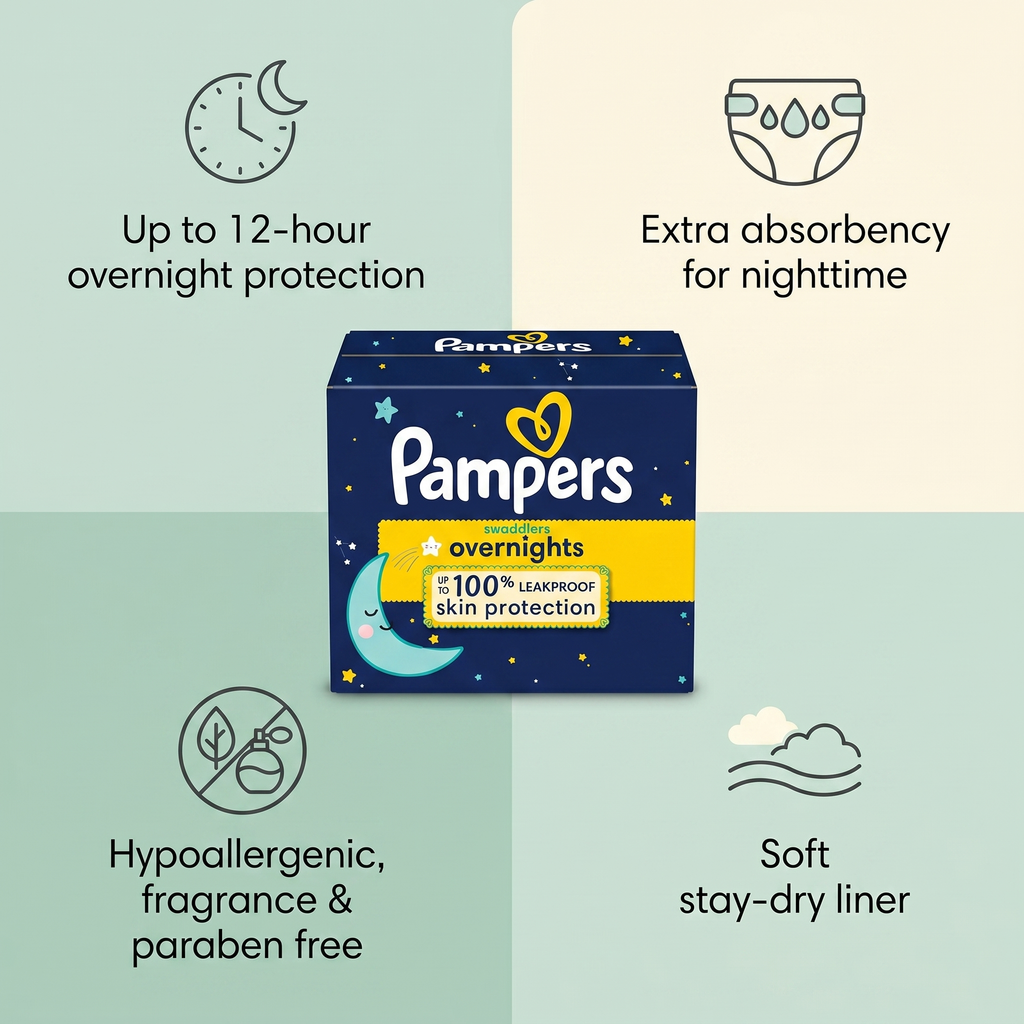 Pampers Swaddlers Overnights Size 3 features: up to 12-hour overnight protection, extra nighttime absorbency, hypoallergenic, soft stay-dry liner — Bubzies