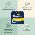 Pampers Swaddlers Overnights Size 3 features: up to 12-hour overnight protection, extra nighttime absorbency, hypoallergenic, soft stay-dry liner — Bubzies